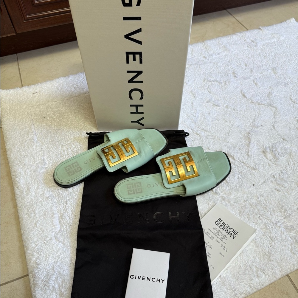 Givenchy Mint Green Flats with Gold Logo, 100% lamb leather